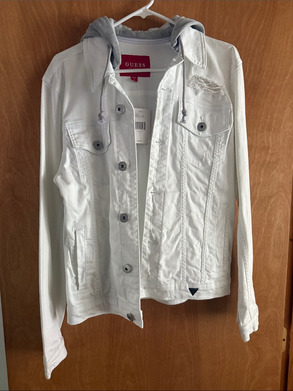 Guess White Distressed Denim Jacket with detachable Hood Size Small - Unisex